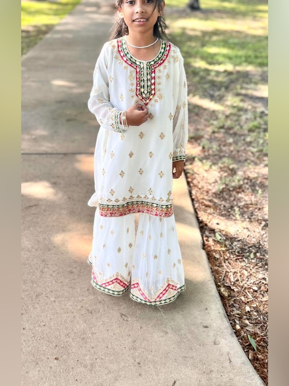 Girls White Embroidered Festive selwar kamiz with Pink & Green Accents